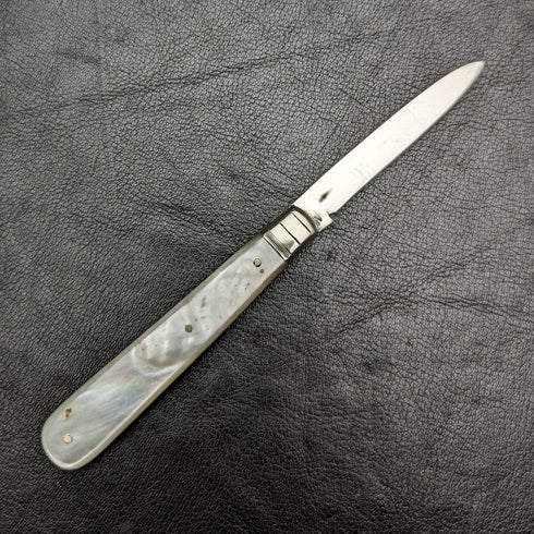 1927 British Antique White Pearl Shell Handle Pure Silver Blade Folding Pen Knife